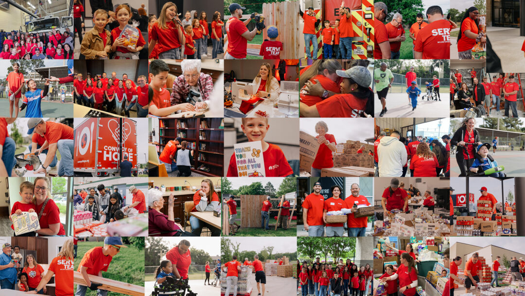 collage-style image of many photos of members of Milestone Church volunteering at Serve Day. They are all wearing the red volunteer shirts and volunteering in many different ways and projects.