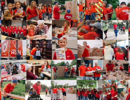 collage-style image of many photos of members of Milestone Church volunteering at Serve Day. They are all wearing the red volunteer shirts and volunteering in many different ways and projects.